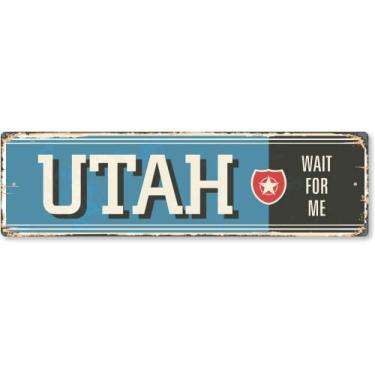 Imagem de SmartSign Placa de metal vintage estado de Utah de 10 x 35,5 cm "Wait For Me", alumínio à prova de ferrugem de 40 mil com sobretudo transparente, decoração de parede retrô, multicolorido