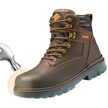 Imagem de NINGO Botas De Trabalho Masculinas, Biqueira Aço, À Prova D'Água E Antifuro, Resistentes A Óleo Deslizamento, Construção Masculinas Confortáveis ​​Com Proteção Eh, Calçados Couro Marrom Industrial,