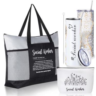 Imagem de Sieral Conjunto de 3 peças para presente de agradecimento de assistente social 590 ml copo de aço inoxidável com palha, bolsa de maquiagem de lona e sacola para mulheres, funcionários, colegas, semana