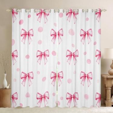 Imagem de Cortinas de janela de princesa com laço rosa, laço geométrico, pontos geométricos, cortinas de janela para meninas e mulheres, gravata borboleta nó romântico, branco, simples, tratamentos de janela