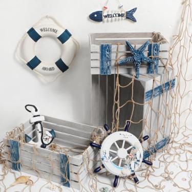 Imagem de GliCraft 9 peças de decoração náutica para pendurar na parede com caixas de madeira rede de pesca roda de navio esqueleto peixe bóia salva-vidas âncora estrela do mar ornamento náutico para oceano