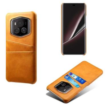 Imagem de Capas Compatível com Honor Magic 6 RSR,Caso de couro PU-Tampa de telefone a prova de choque com 2 slots de cartão,Proteção anti-impressão digital e anti-gota-Yellow