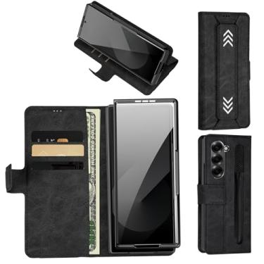 Imagem de Capa para Samsung Galaxy Z Fold 6 com suporte para caneta S, compartimentos para cartão e dinheiro, protetor de tela de vidro temperado HD, couro premium, fecho magnético, suporte e alça de pulso