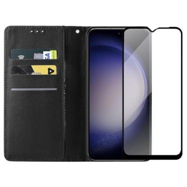 Imagem de Capa Carteira Flip Case para Samsung Galaxy S23 com Película de Vidro Temperado 3D, Proteção de Câmera, Preto
