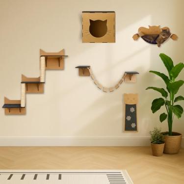 Imagem de BOXFAN Kit Playground Gatos 5 Peças Nicho Toca Casinha Ponte Rede Descanso Arranhador de Parede e Escalada Escadinha Poleiro Gato em MDF – Brinquedo Ideal para Gatificação