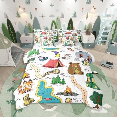 Imagem de Erosebridal Conjunto de cama com tema de acampamento para crianças e adolescentes, conjunto de edredom casal para amantes de acampamento, animal de desenho animado (edredom + lençol de cima + 2