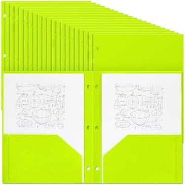 Imagem de Yeaqee 100 pastas de plástico com bolsos a granel 3 furos perfurados 2 pastas de arquivo para 3 pastas divisórias de fichário para cadernos, poliéster durável para escritório, casa (verde fluorescente