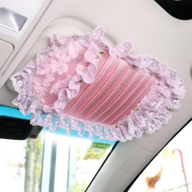 Imagem de Clipe organizador de viseira de sol de renda de pelúcia, estojo de armazenamento bonito com suporte de CD, bolsa de bolso multifuncional para cartões, universal para carro (6)