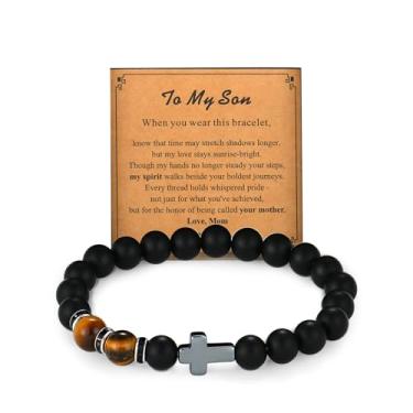 Imagem de Fahonie Pulseira masculina de contas cruzadas, contas de ônix preto, pulseira com pingente de cruz religiosa cristã, presente de Natal para homens, irmãos e filhos, presente ideal, Pedra, Zircônia