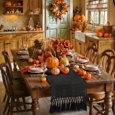 Imagem de yuboo Caminho De Mesa Preto 187 Cm Comprimento, Estilo Boho Gótico, Cômoda Macramê Com Cachecol Para Quarto, Sala Jantar, Cozinha, Suporte Tv, Decorações Páscoa