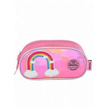Imagem de Estojo Menina Escolar Triplo Arco Íris Holográfico Rosa - Up4you