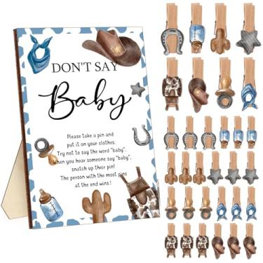 Imagem de Unittype 51 peças de lembrancinhas de jogo Don't Say Baby Shower incluem placa de chá de bebê de cowboy ocidental e 50 mini prendedores de roupa de cowboy para meninos e meninas artigos de decoração