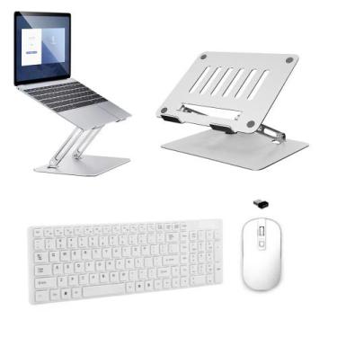 Imagem de Kit Teclado Mouse Wireless Branco e Suporte alumínio Notebook Multilas