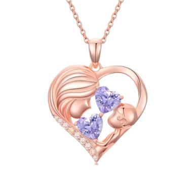 Imagem de Zoeniya Colar com pingente de coração banhado a ouro rosa para mãe e filha com 12 meses, presentes de dia das mães para mãe, pedra do mês de nascimento, joia de aniversário para mãe, esposa, namorada