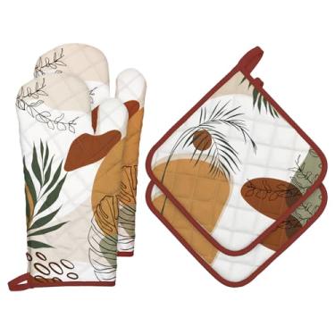 Imagem de Arquiel Conjunto de luvas de forno e suportes de panela Boho Folha, 4 peças, 100% algodão, resistentes ao calor, luvas de forno extralongas para cozinha, cozinha, decoração de panificação