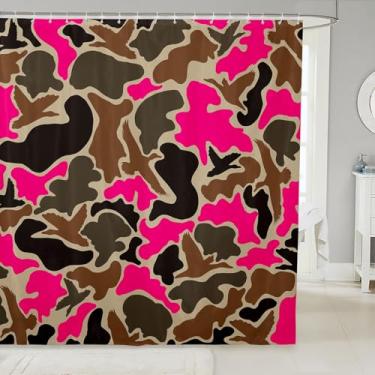 Imagem de Feelyou Duck Hunter Cortina de chuveiro rosa choque camuflagem caça 182,88 cm x 182,88 cm conjunto de cortina de chuveiro infantil preto marrom para meninos adolescentes camuflagem exército cortina de