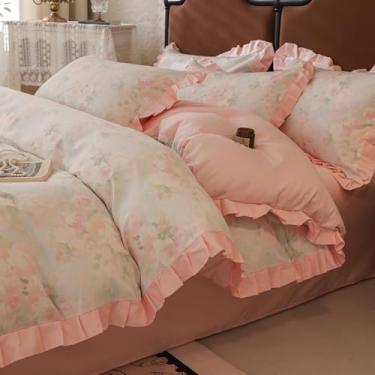 Imagem de Conjunto de capa de edredom Queen com babados rosa, 100% algodão, vintage, floral, para meninas, capa de edredom romântica, princesa romântica, com laços com zíper, roupa de cama floral respirável