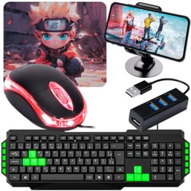 Imagem de Kit Gamer Mobilador Completo Com Teclado 3 Cores + Mouse Óptico + Suporte Celular + Hub usb 4 Portas + Conector OTG (Teclado Verde/Micro Usb V8)