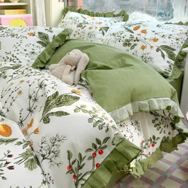 Imagem de Capa de edredom romântica floral com babados, 3 peças, botânica, para meninas, 100% algodão, vintage, floral, renda verde, roupa de cama com estampa de flores e 2 fronhas
