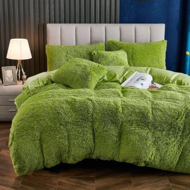 Imagem de Conjunto de capa de edredom Yaoshuho Plush Fluffy Queen Size Green