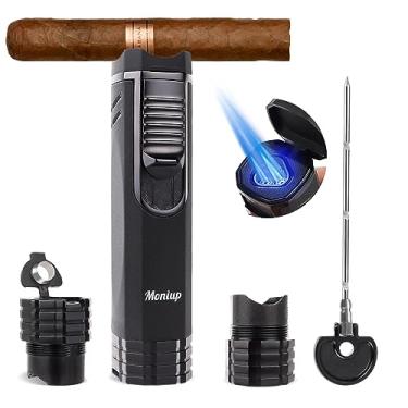 Imagem de Isqueiro de charutos All-in-One com chama tripla, ponche de charutos, porta-charutos, janela a gás, presentes luxuosos para homens, isqueiros recarregáveis à prova de vento butano fresco para fumar, velas, Natal