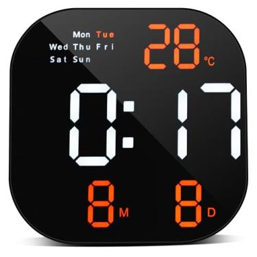 Imagem de VOILEIPAGI Relógio de parede digital com visor LED grande, brilho automático, temperatura, data e dia da semana, controle remoto, pequeno relógio de parede silencioso elétrico moderno para sala de