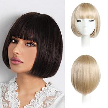 Imagem de HSPJHTM Peruca curta loira bob, 25,4 cm reta com franja plana sintética colorida cosplay diário festa peruca para mulheres natural como cabelo real (touca de peruca grátis)