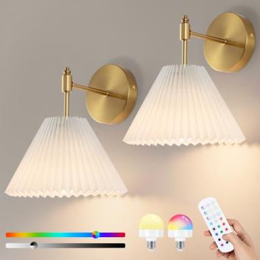 Imagem de BELS Conjunto de 2 arandelas de parede operadas por bateria, arandelas de parede modernas sem fio com controle remoto, regulável. 3 temperaturas de cor, 12 RGB, luminária de parede dourada para