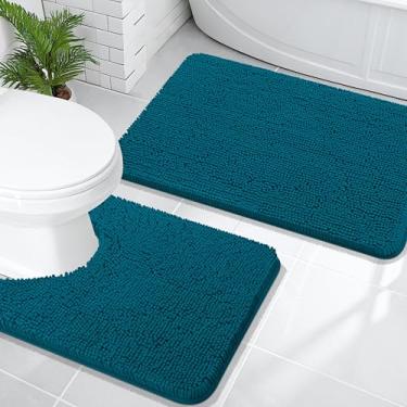Imagem de OLANLY Conjunto de tapetes de banheiro de 2 peças, tapetes de banho de chenille macio absorvente e contorno em forma de U, tapete de banheiro lavável na máquina, acessórios de decoração de casa (76 x