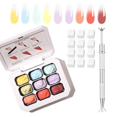 Imagem de SMSMYXF Conjunto de esmalte de unhas em gel Ombre da Finger Secret, 9 cores, kit de gel de pintura gradiente UV com guia de aplicação, pigmento de esmalte Ombre Pat para unhas, pintura gradiente