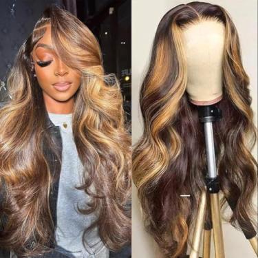 Imagem de Peruca frontal transparente HD 4/27 de cabelo humano pré-arrancado 13 x 4 peruca frontal ondulada com cabelo de bebê, densidade 180% 9A sem cola, ombré marrom e loiro mel perucas para mulheres 81 cm