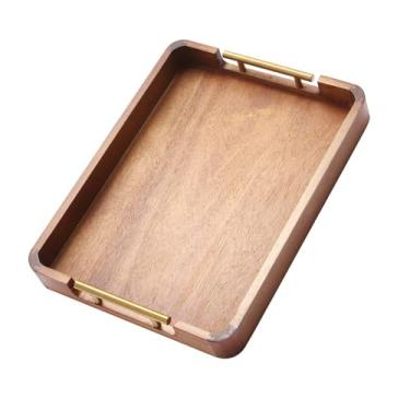 Imagem de Bandeja de servir de madeira de acácia de 43 cm x 33 cm com alças de metal – Bandeja decorativa para mesa de centro, café da manhã na cama, exibição de velas, almofadas antiderrapantes, decoração