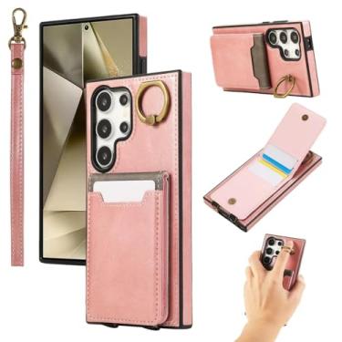Imagem de Capa para Galaxy A55 5G com cordão curto, bolso para cartão de couro, capa tipo carteira e suporte de anel (para Galaxy A55 5G/rosa)