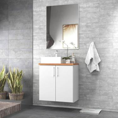 Imagem de Gabinete Para Banheiro Com Cuba E Espelho 60cm Mdf Freijo Com Branco Paris - On Móveis