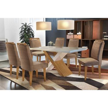Imagem de Sala de Jantar Completa Imperatriz Tampo Madeirado c/ Vidro Canto Reto 180x90cm e 6 Cadeiras Athenas Imbuia/Suede Capuccino - Rufato