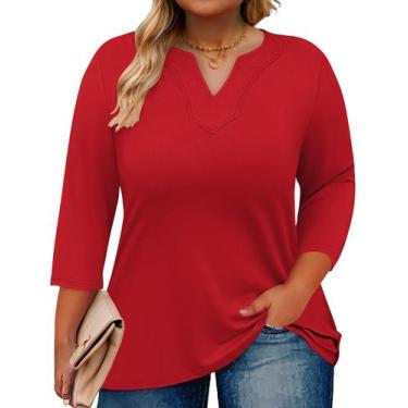 Imagem de Blusa túnica Romanstii feminina de manga 3/4 com decote em V vermelha 