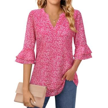 Imagem de Blusa Uhiger rosa floral feminina de manga 3/4 sem ferro XXXL