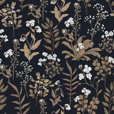 Imagem de Abyssaly Papel de parede preto e dourado floral escuro papel de parede de contato folha vintage papel de contato autoadesivo impermeável envoltório de vinil temperamental para quarto decoração de