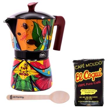 Imagem de Conjunto de presente Puerto Rico Greca de Cafe | Boricua Art by Joshua Montes Cafeteira e Moka Pot com autêntico café El Coqui e colher de madeira | Cafetera | A Taste of the Island, 6 xícaras de café