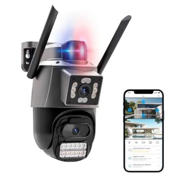 Imagem de Câmera IP Sem Fio de Segurança Externa HD 3MP, Câmera de Visão Noturna Infravermelha WiFi, Dupla Lente Grande Angular, IP66 à Prova D'água e à Prova de Poeira, Luz de Advertência