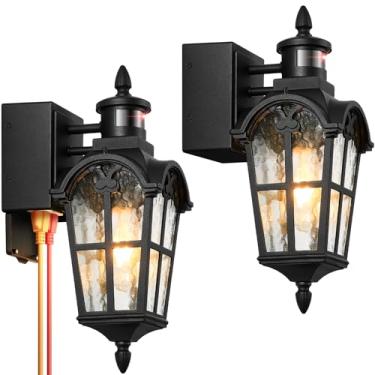 Imagem de OPAXIS Luzes pretas para pátio externo com saída GFCI pacote com 2, sensor de movimento atualizado com vidro ondulado de água, luminária externa do amanhecer ao anoitecer para casa, garagem, jardim, à