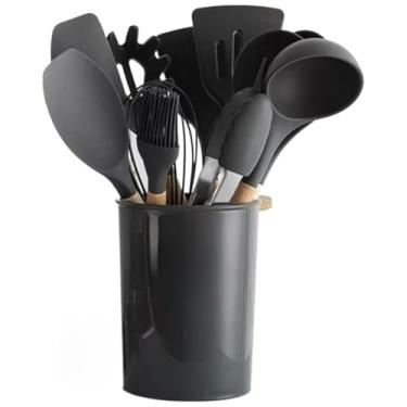 Imagem de Conjunto De 12 Colheres De Silicone Para Cozinha Com Cabo De Madeira E Suporte | UtensíLios Para Panelas Antiaderentes, EspáTula, Concha, Misturador(preto)