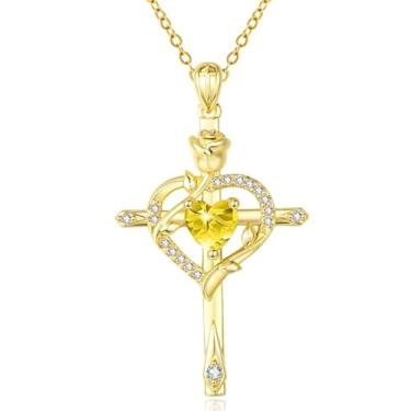 Imagem de CupidGift Colar de cruz para mulheres, banhado a ouro 14 K, banhado a ouro 18K, delicado coração, pedra do mês de nascimento, rosa, joias diárias, batismo, fé, aniversário, Natal, presentes de