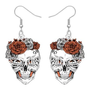 Imagem de DUOWEI Brincos com pingente de caveira de açúcar assustador Dia dos Mortos, presentes de Halloween para mulheres, estilo folclórico mexicano, fantasia de Halloween, acessórios de joias estranhas