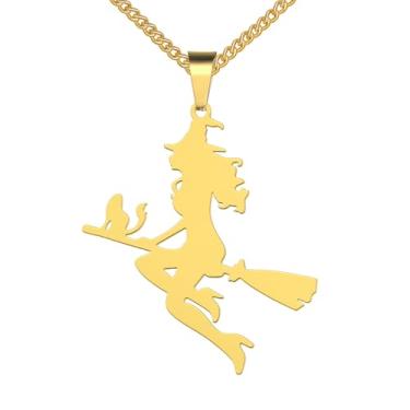 Imagem de Hipunk Colar de gato com silhueta de bruxa de Halloween, pingente de abóbora com lua crescente, corrente de aço inoxidável, ouro, prata, preto, ONESIZE, Aço inoxidável, Sem Pedra Preciosa