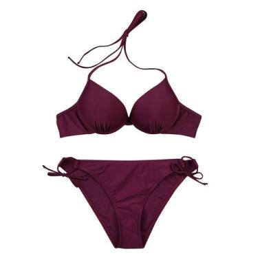 Imagem de Moda feminina biquíni halter cinta alta cor sólida cintura dividida ma