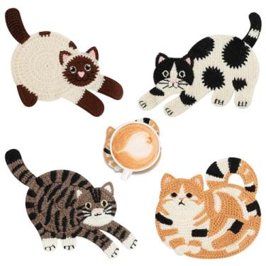 Imagem de OT-NVWOZR Porta-copos fofos de gato para mesa, porta-copos de tecido engraçado para decoração, presentes criativos para amantes de gatos, porta-copos de malha com isolamento de crochê para proteção de