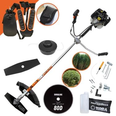 Imagem de Roçadeira Multifuncional À Gasolina Terra GRH-520 52cc 2,5HP Motor 2 Tempos Alta Rotação Com Carretel de Nylon + Faca 2 Pontas + Faca 80 Dentes 255mm