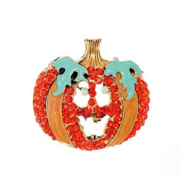 Imagem de Broche de abóbora com strass dourado esmaltado Dia das Bruxas Ação de Graças Planta Laranja Folha Verde Chique Broches de Cristal Alfinetes de Lapela para Mulheres Outono Outono Inverno Festival Natal