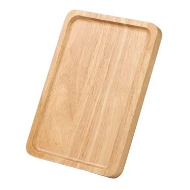 Imagem de Bandeja retangular de madeira, 25 cm x 17 cm com alças laterais, bandeja de madeira maciça natural para pão, frutas, lanches e sobremesas, bandeja rústica moderna fácil de transportar para uso